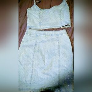 Light Blue Denim Rhinestone Skirt Set. Never worn, new without tag MEDIUM